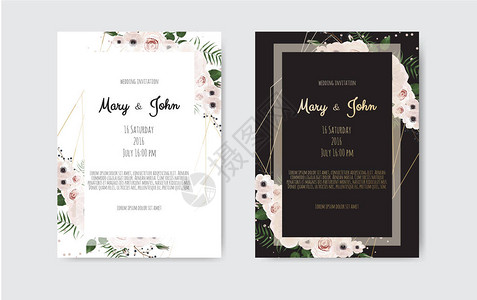 植物式婚礼邀请卡模板设计白花和粉红色花矢量模板套装图片