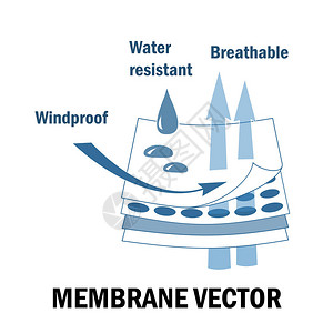 膜织物标志分层材料防水防风透气的特点孤立在白色背景上的矢量图蓝色图片
