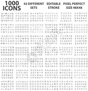 icons设置1000ICONS不同的主题可编辑的Stroke48x48像素完美大SE插画