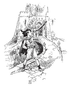 这个场景显示一个男孩在城堡外吹喇叭背景图片