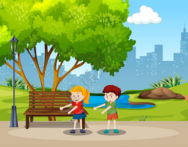 公园插图中男孩和女孩牙线跳舞背景图片