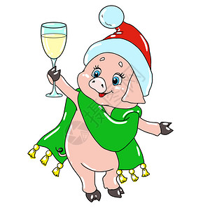 与一杯香槟的甜小猪明信片的猪卡通人物祝贺圣诞图片
