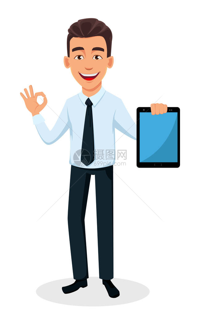 商人卡通人物拿着平板电脑和显示ok的手势年轻英俊的微笑商人在办公室风格的衣图片