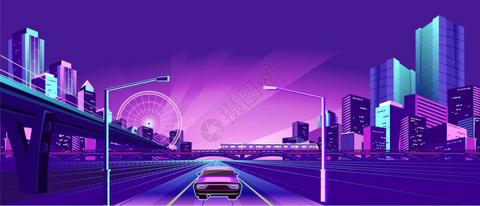 夜虹城通往摩天大楼的桥梁有汽车的内陆公路背景图片