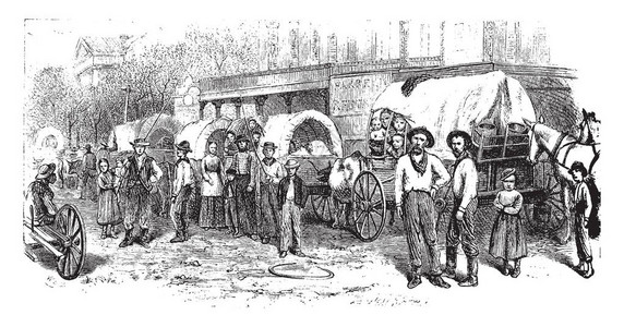 马车火是北美先驱者或定居者使用的有盖马车的队或火车图片