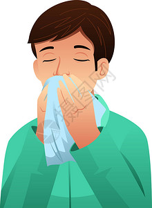 绿色澡巾病人用纸巾吹鼻子的矢量图插画