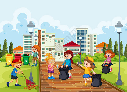 志愿儿童清洁公园插图图片