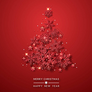 圣诞树背景与闪亮的红色雪花星和球红色背景上的圣诞快乐图片