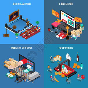 移动购物电子商务概念4等距组合与在线食品拍卖商品购图片