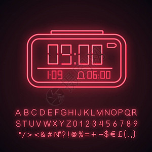 数字闹钟霓虹灯图标电子钟数字闹钟手表带有字母数字和符号的发光符号孤图片
