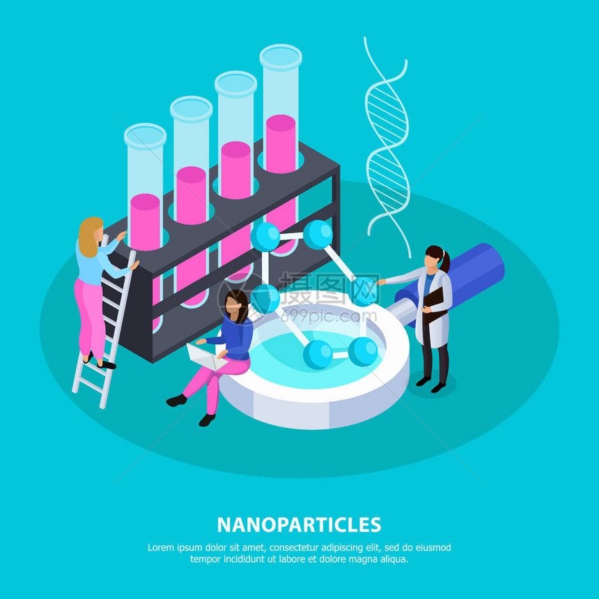 在绿松石背景等距矢量图上创建纳米粒子时使用计算机和化学图片