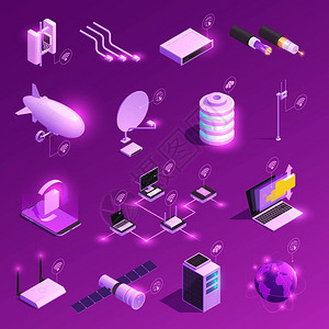 互联网技术设备的全球网络等距发光图标在紫色背景图片