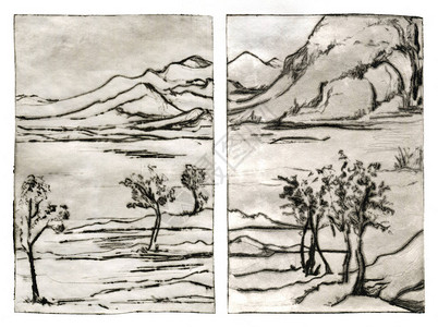 传统绘画山水雕刻linocut双联画图片