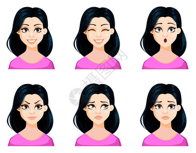 黑头发和可爱发型的美丽女人的面部表情一组不同的女情绪漂亮的卡通人物孤立在白色背背景图片