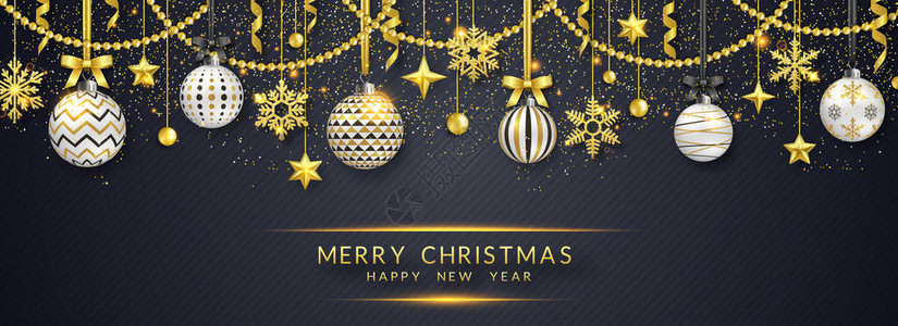 圣诞横幅与闪亮的雪花蝴蝶结星和五颜六色的球黑色背景上的新年和图片