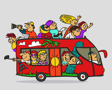 手画矢量插图卡通旅游客双层巴士背景图片