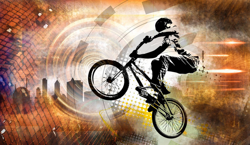 年轻男骑自行车跳跃者健图片