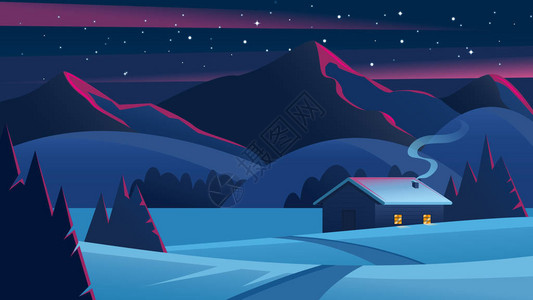 与山和一个孤独的小屋的圣诞夜景观平安夜风景冬季森林中的舒适房子冬图片