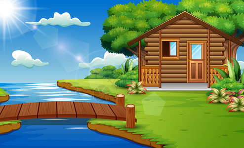 河边木屋的自然景观图片