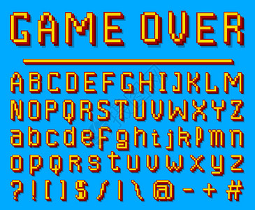 共创未来艺术字像素字体8位符号数字视频风格蓝色背景上的字母和数字复古字体abc错误计算机视频未来主义风格设计图片