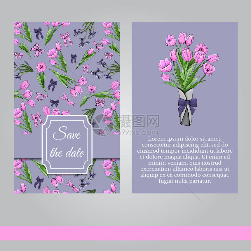 手绘粉红色郁金香和紫罗兰色鸢尾花的卉春天模板浪漫设计公告贺卡海报广告邀请的图片