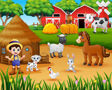 农家院子里的农民和农场动物图片
