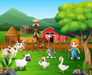 一个农民在他的农场和一群农场动物的卡通片图片