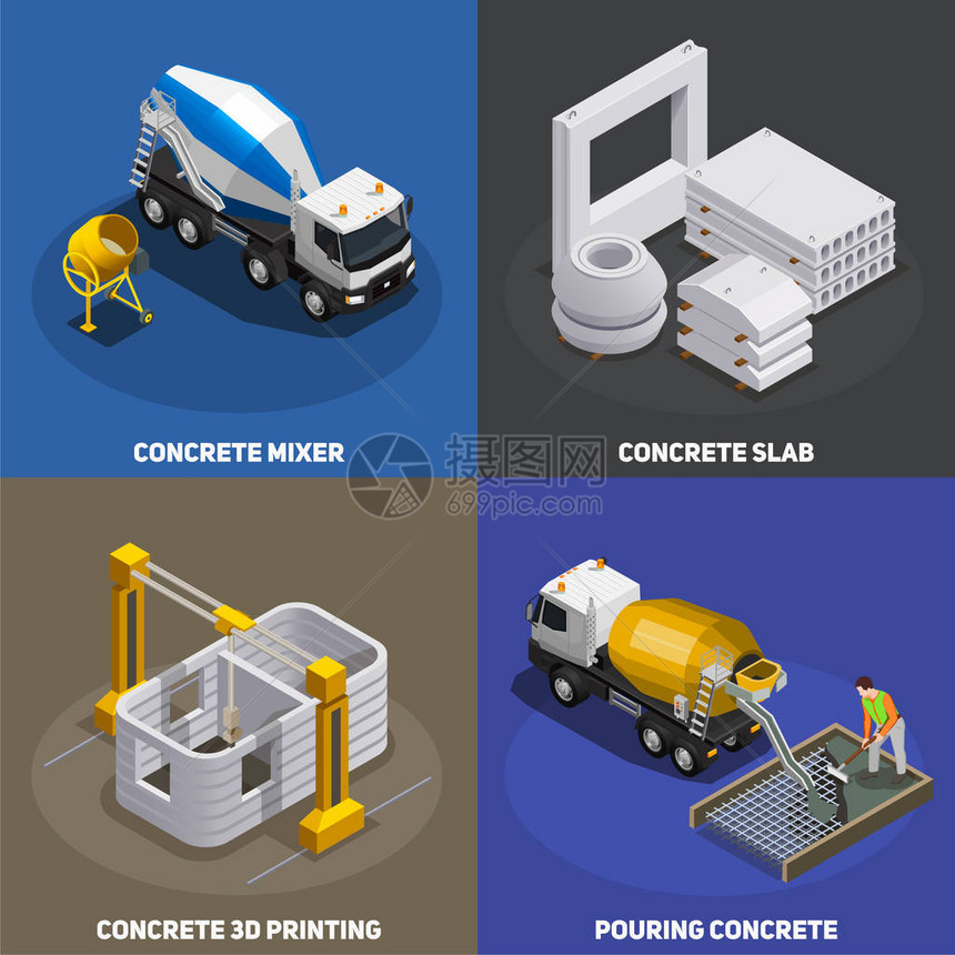 含运输水泥混合装置和工业设施的混凝土生产等量2x2设计概念图片