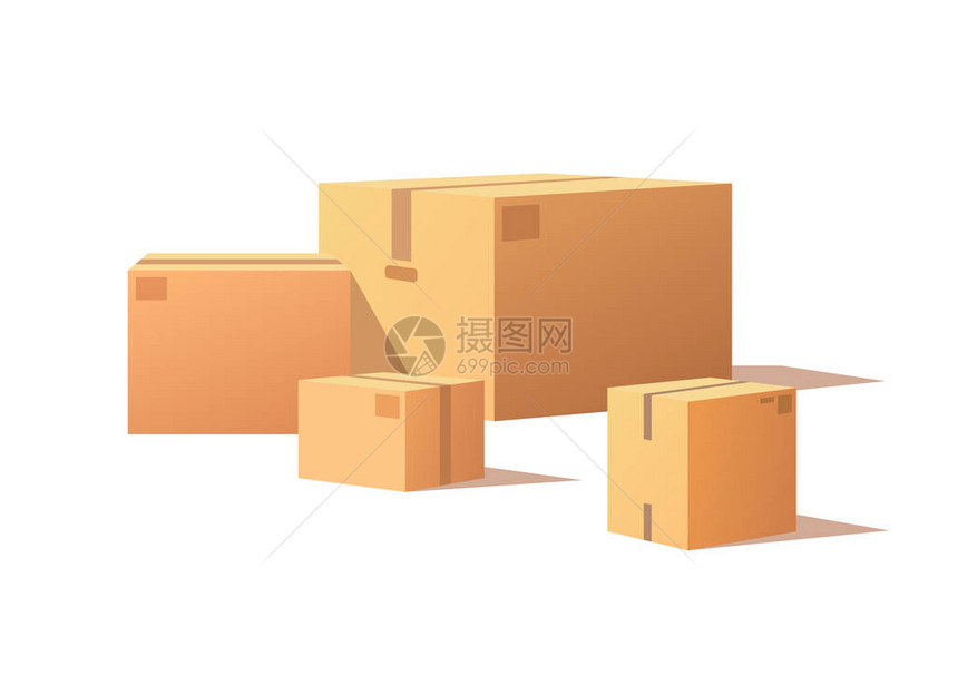 易碎包装带胶的封闭包装邮局板条箱储存堆大尺寸和小尺寸隔离图片