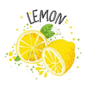 矢量手绘柠檬插画一半和拼接的柠檬汁飞溅孤立在白色背景柑橘素描图片
