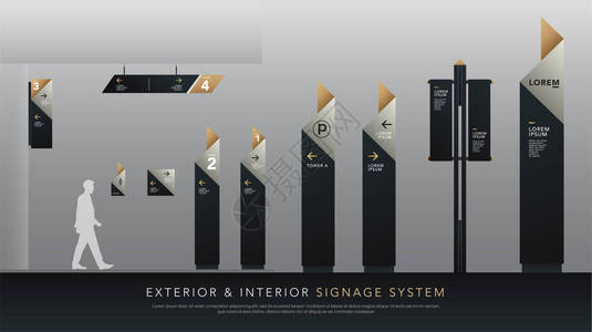 外部和内部标牌系统方向杆壁挂式招牌和交通标志设计模板集用于标识文本白色银色和企业标背景图片