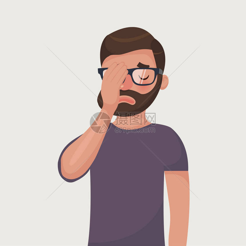 戴眼镜的长胡子男做脸掌手势头痛失望或羞耻卡通风格图片
