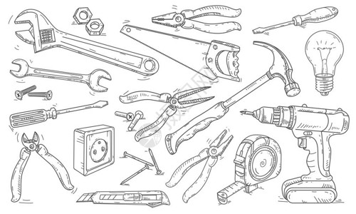 矢量插图线画图标房屋修理的不同工具钻孔和锤子扳手图片