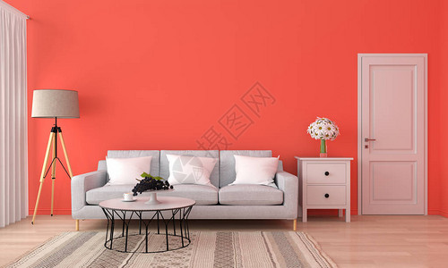 橙色客厅的灰色沙发和桌子3D渲染图片