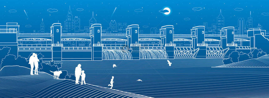 水力发电厂河坝能源站水动力人们沿着岸边走基础设施工业插图全景生活蓝色上的白线图片
