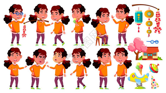 亚洲女孩幼儿园孩子姿势设置向量小孩子有趣的玩具生活方式用于广告标语牌印刷设计背景图片