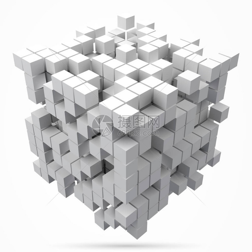 大立方数据块用较小的白色立方体制成3d像素样式矢量图适用于区块链技术计算图片