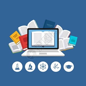 背景上有飞行书籍的笔记本电脑现代在线教育理念家庭教育大学作业在家用电脑学习计算机课程流和电子书背景图片