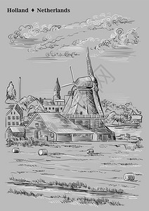 荷兰水车的矢量手绘插图草地上的水车矢量素描手绘插图在灰色背景上孤图片