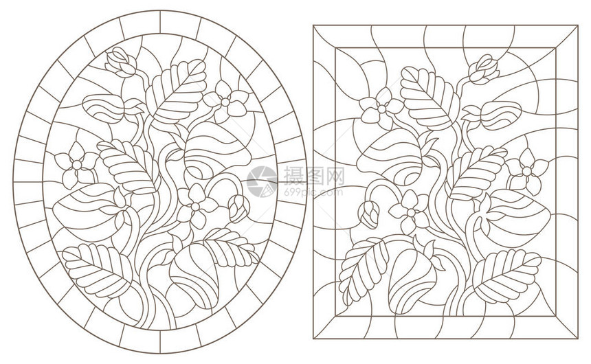 用浆果树叶草莓花和白色背景的深色轮廓绘制一组彩色玻璃图片