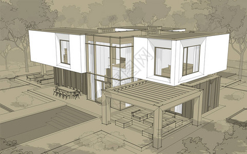滑铁卢车库出售阴天3d提供花园中有车库供出售或出租的现代舒适房屋的草图黑线草图设计图片