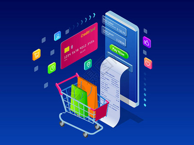 网上购物销售消费主义和网上商店等距智能手机在线购物模板移动营销和电子图片
