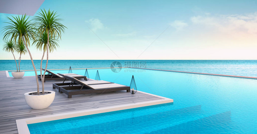 Baech休息室日光浴甲板上的太阳长距离和豪华别墅3d带全景海观图片