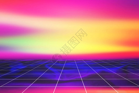 抽象时尚彩色蒸汽波背景与透视网格合成波蒸汽波风格Retrowave图片