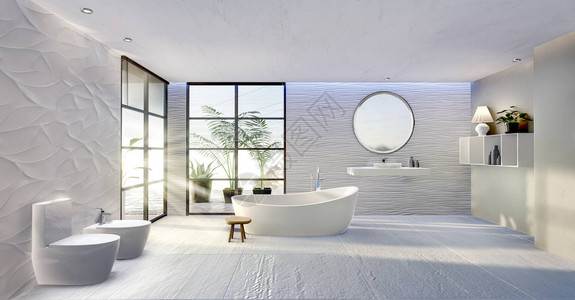 水槽龙头带圆形浴缸的现代浴室的3D插图陶瓷水槽和圆形镜子设计图片