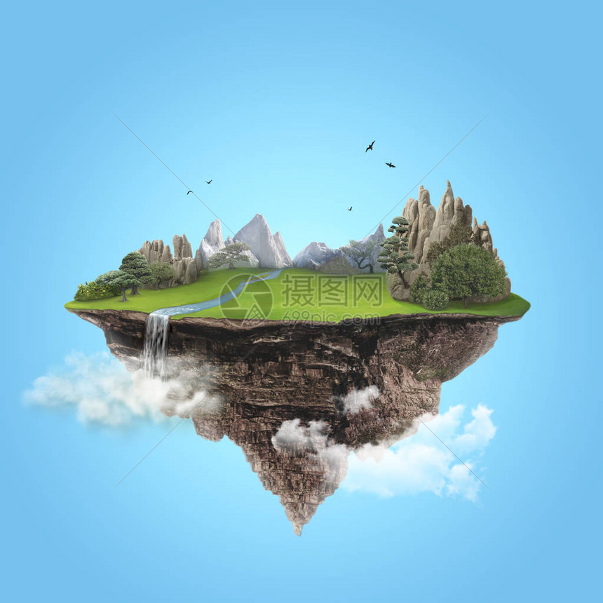 孤立的绿岛其山峰和瀑布以蓝色背景图片