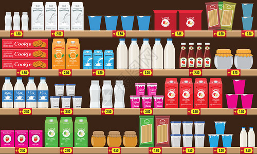 超级市场装有食品和饮料包装箱的架子架子上的价格标签平板和固态图片