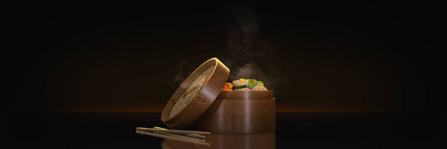 海鲜自助晚餐竹蒸汽容器中的各种点心3d渲染设计图片