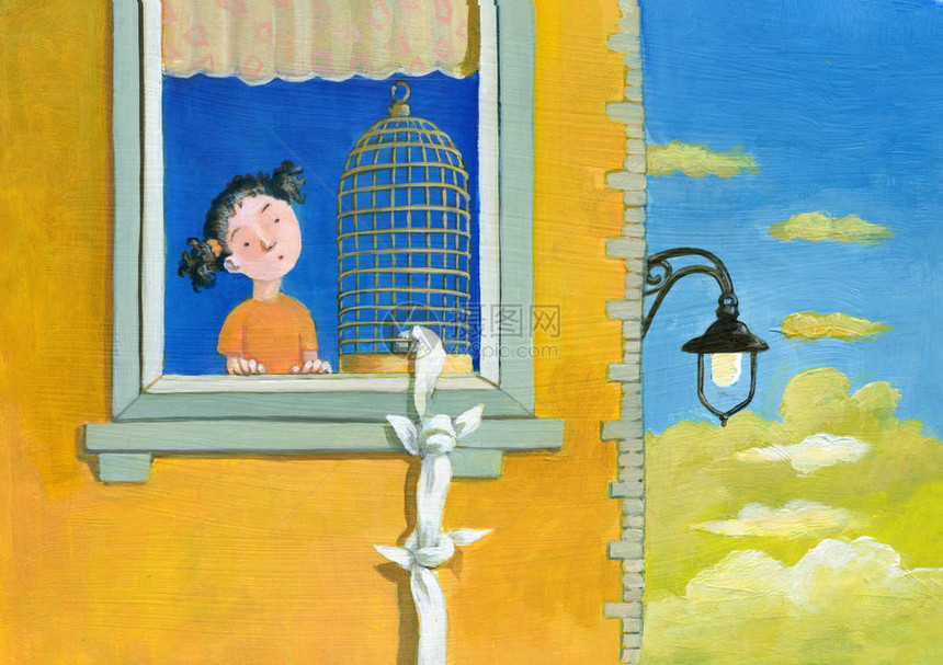 瞥见一个开着笼子的宫殿的窗户一个小孩子看起来很惊讶幽默的绘画超现图片