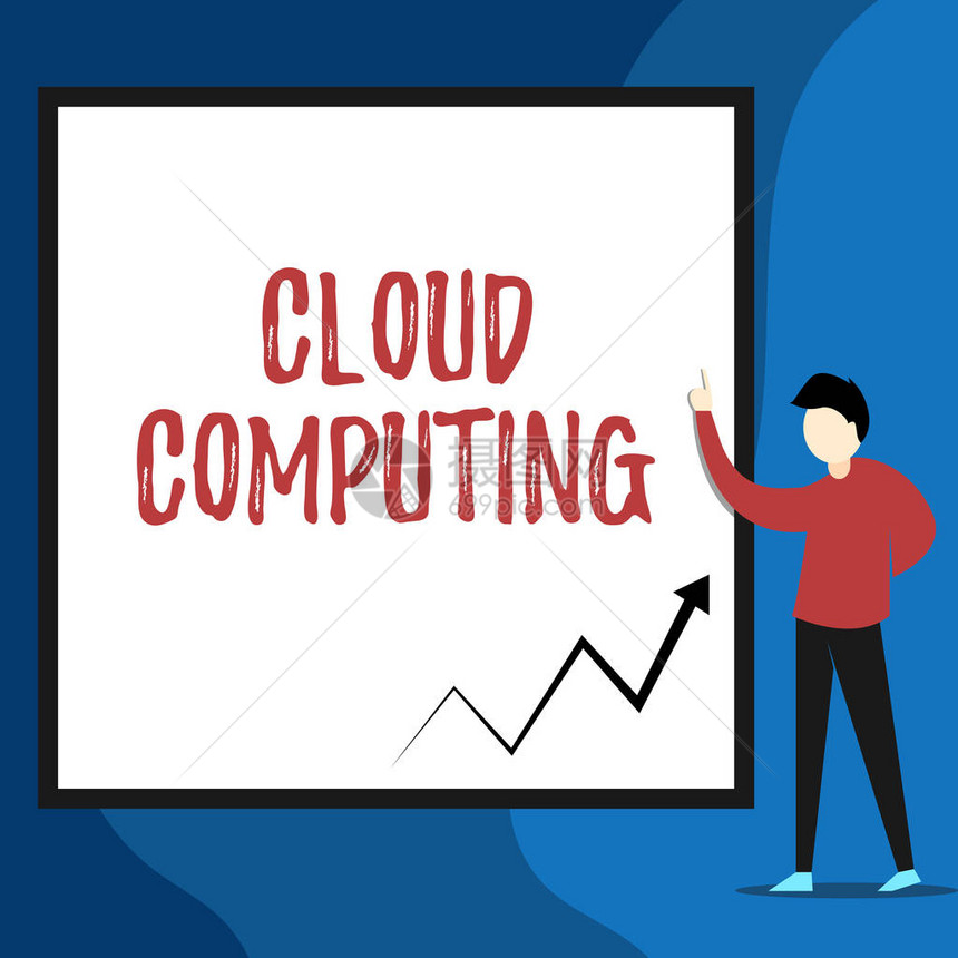 Word写入文字本CloudEconomic商业图片展示使用互联网上的远程服务器网络浏览年轻人站立时指向空白矩形的几何图片